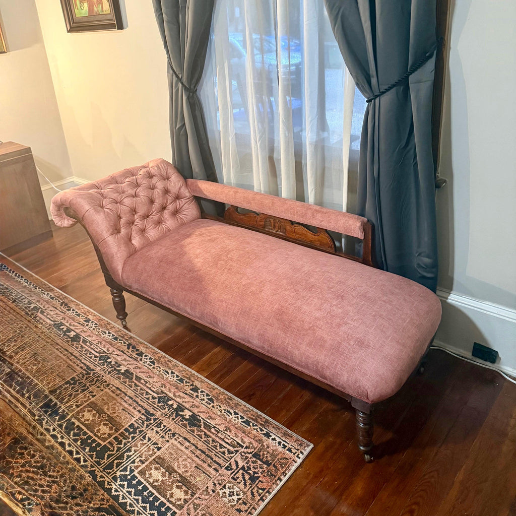 Antique Victorian Chaise Longue – New Velvet Upholstery, Tufted Back, Carved Wood Fainting Couch, Vintage Chaise Lounge Furniture