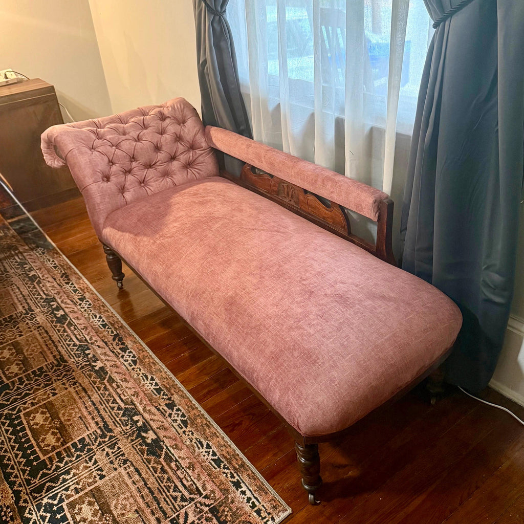 Antique Victorian Chaise Longue – New Velvet Upholstery, Tufted Back, Carved Wood Fainting Couch, Vintage Chaise Lounge Furniture