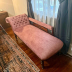 Antique Victorian Chaise Longue – New Velvet Upholstery, Tufted Back, Carved Wood Fainting Couch, Vintage Chaise Lounge Furniture