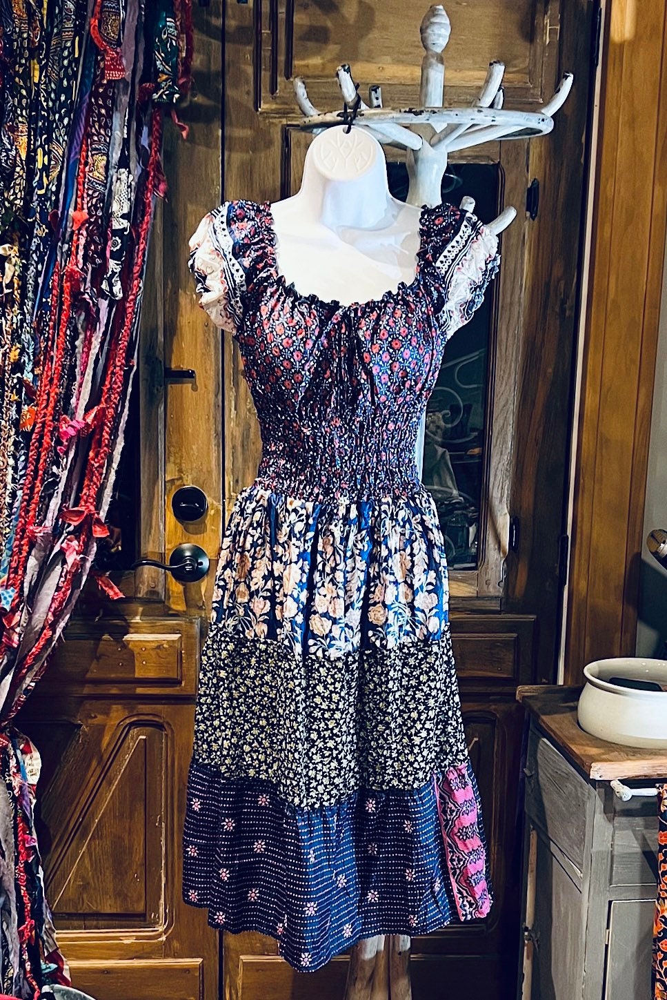 Boho Silk Dress, Vintage Ruffle Short Dress, Hippie Bohemian Dress, Gypsy Boho Dress Festival Dress, Recycled Ethnic Patch work Sari Dress