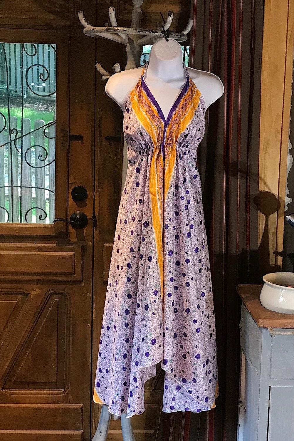 Boho Silk Dress, Bohemian Halter, Dress Ethnic Beach Dress, Festival Dress, Hippie Dress, Vintage Recycled Silk Dress, Boho Chic Gypsy Dress