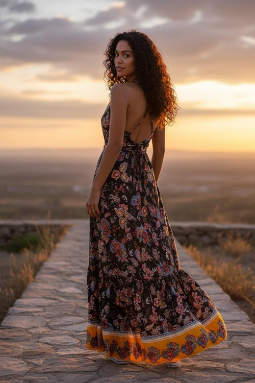 Boho Halter Maxi Dress: Ruffle Rayon Bohemian Festival Dress