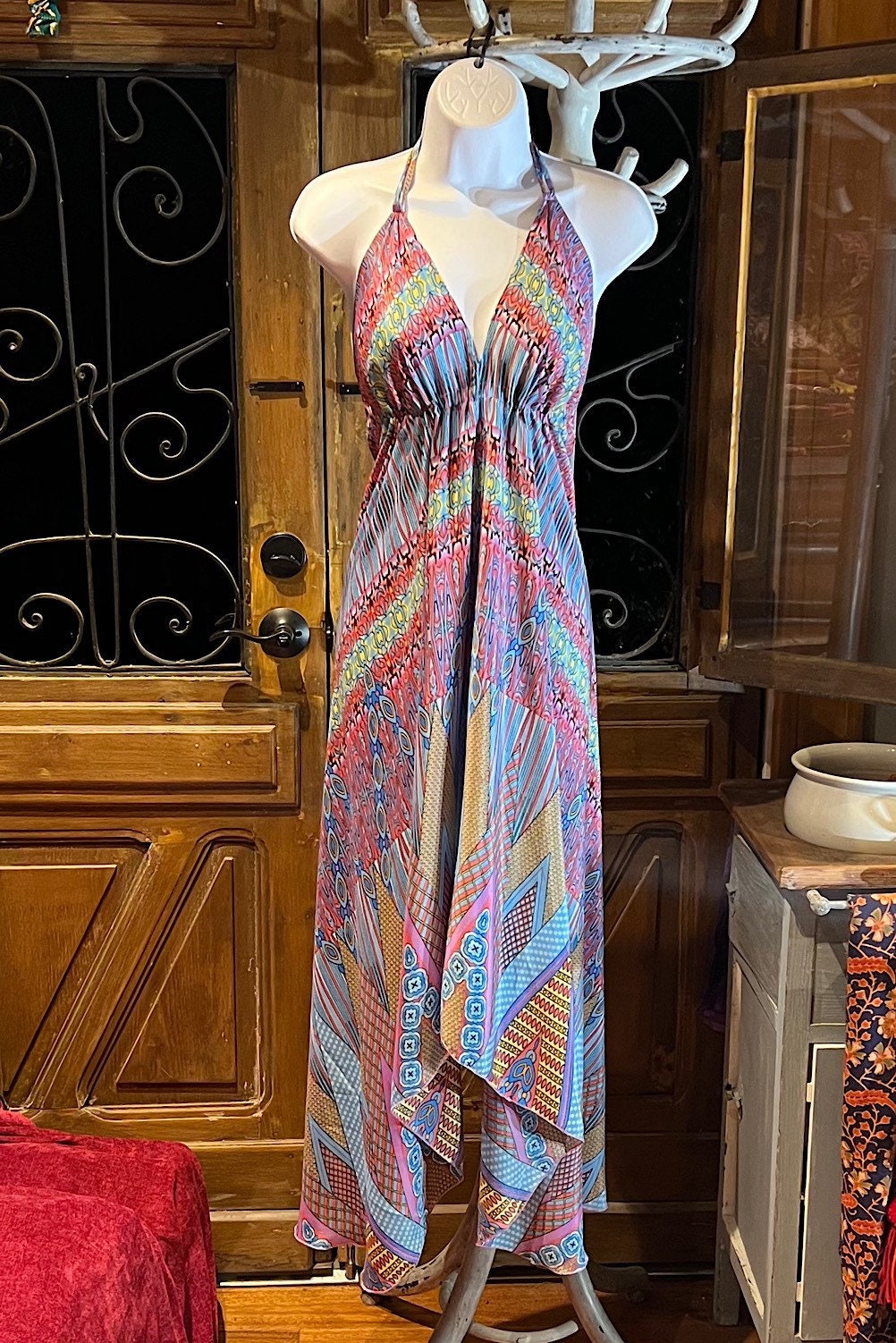 Boho Silky Dress, Bohemian Halter, Dress Ethnic Beach Dress, Festival Dress, Hippie Dress, Vintage Silk style Dress, Boho Chic Gypsy Dress