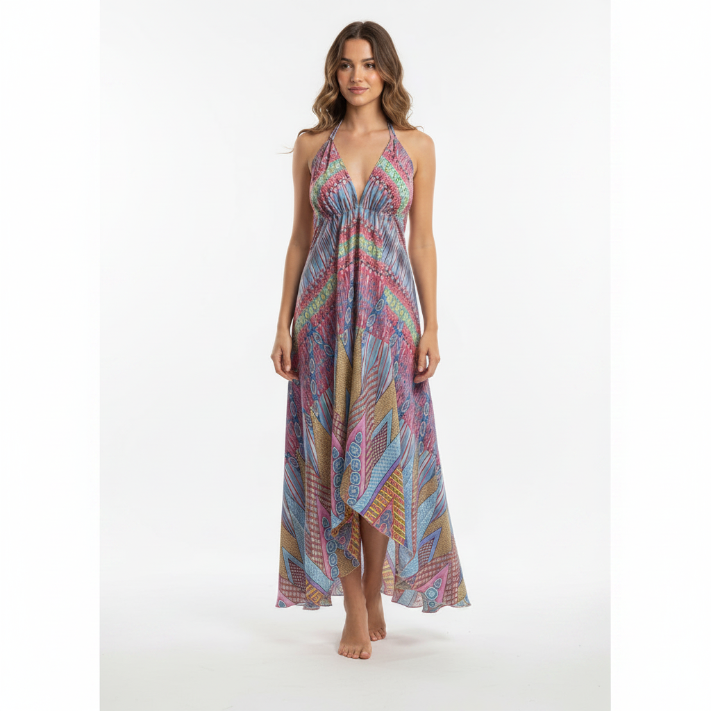 Boho Silky Dress, Bohemian Halter, Dress Ethnic Beach Dress, Festival Dress, Hippie Dress, Vintage Silk style Dress, Boho Chic Gypsy Dress