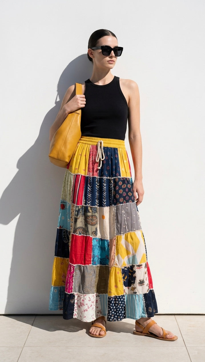 Boho long Skirt, Patchwork Long Maxi Skirt, Bohemian Boho Chic Festival Skirt, Ethnic Hippie Summer One Size Feminine Long Skirt, Boho SkIrt