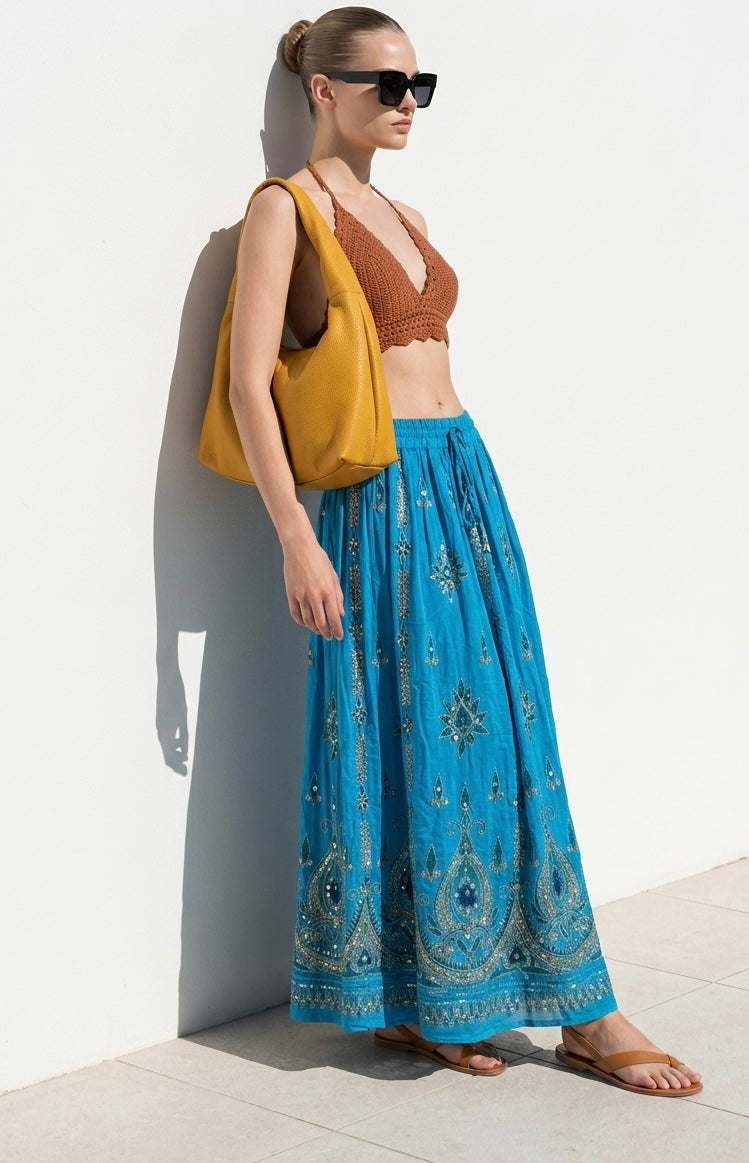 Boho long skirt, Sequined Embroidery Long Maxi Skirt, Bohemian Chic Festival Ethnic Hippie Summer One Size Feminine Long Skirt.