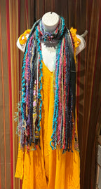 Boho Fringe Festival Long Scarf, gift for her, Yarn Ribbon Scarf,Bohemian Recycled Vintage Silk Sari Yarns Ribbons, Hippie Fringe Scarf