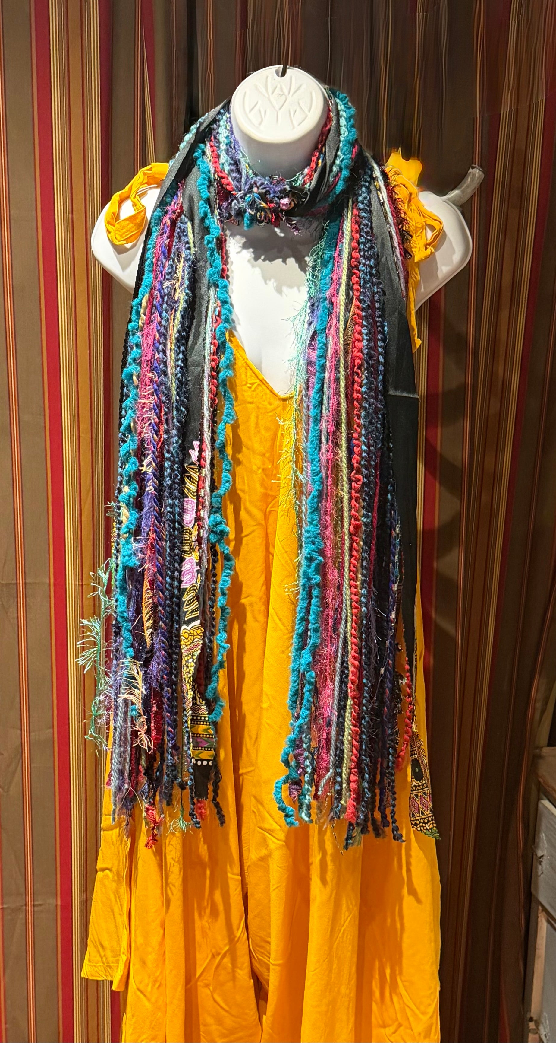 Boho Fringe Festival Long Scarf, gift for her, Yarn Ribbon Scarf,Bohemian Recycled Vintage Silk Sari Yarns Ribbons, Hippie Fringe Scarf