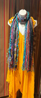 Boho Fringe Festival Long Scarf, gift for her, Yarn Ribbon Scarf,Bohemian Recycled Vintage Silk Sari Yarns Ribbons, Hippie Fringe Scarf