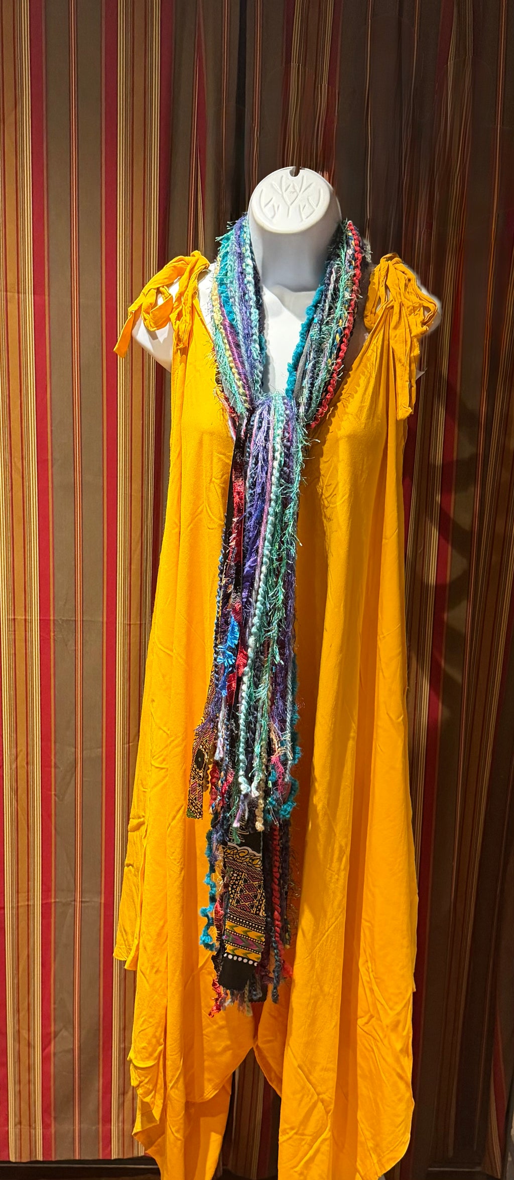 Boho Fringe Festival Long Scarf, gift for her, Yarn Ribbon Scarf,Bohemian Recycled Vintage Silk Sari Yarns Ribbons, Hippie Fringe Scarf