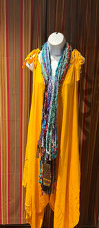 Boho Fringe Festival Long Scarf, gift for her, Yarn Ribbon Scarf,Bohemian Recycled Vintage Silk Sari Yarns Ribbons, Hippie Fringe Scarf