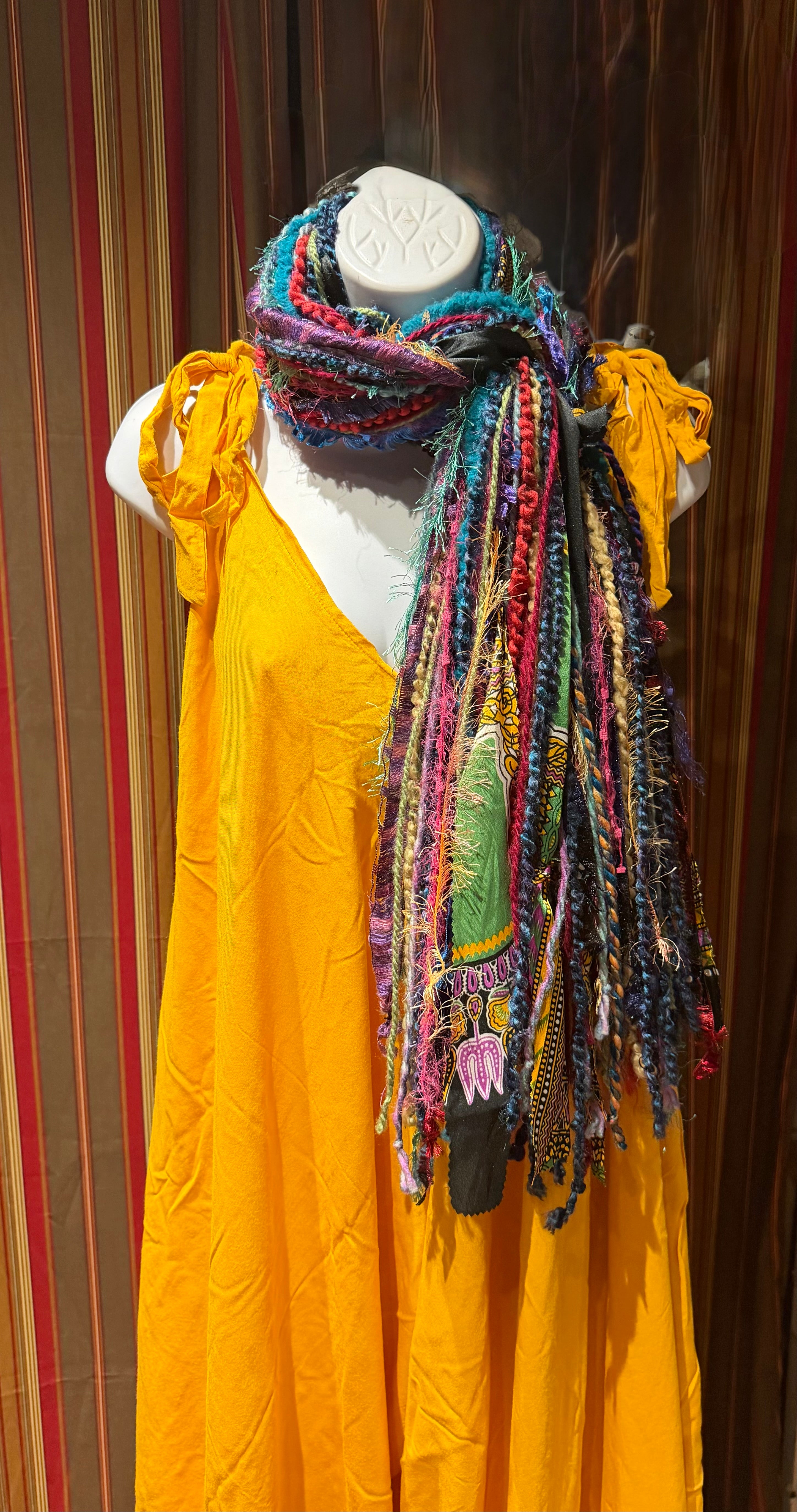 Boho Fringe Festival Long Scarf, gift for her, Yarn Ribbon Scarf,Bohemian Recycled Vintage Silk Sari Yarns Ribbons, Hippie Fringe Scarf