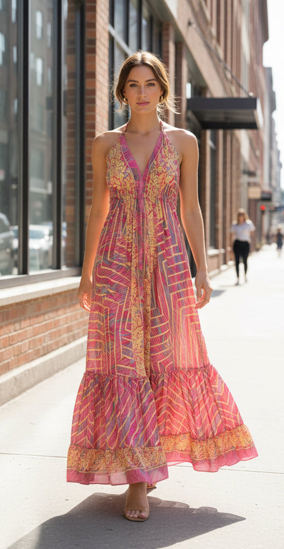 Bohemian Style Printed Halter Neck Maxi Dress