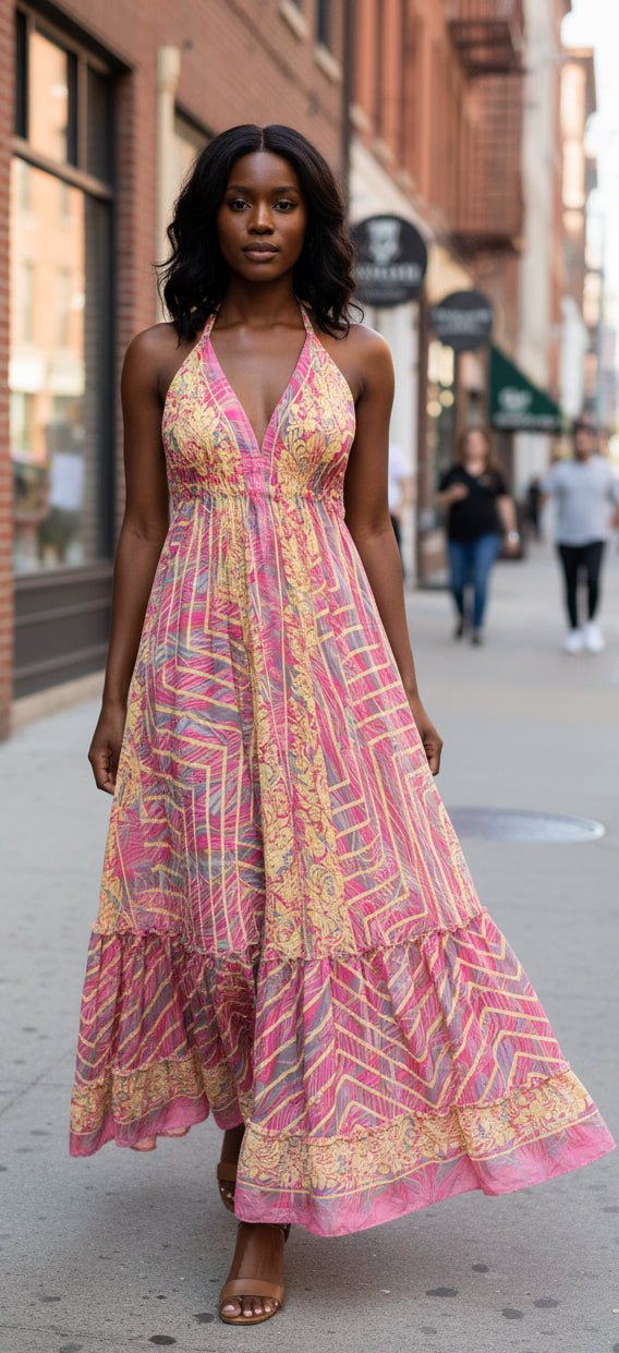 Bohemian Style Printed Halter Neck Maxi Dress