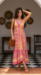 Bohemian Style Printed Halter Neck Maxi Dress