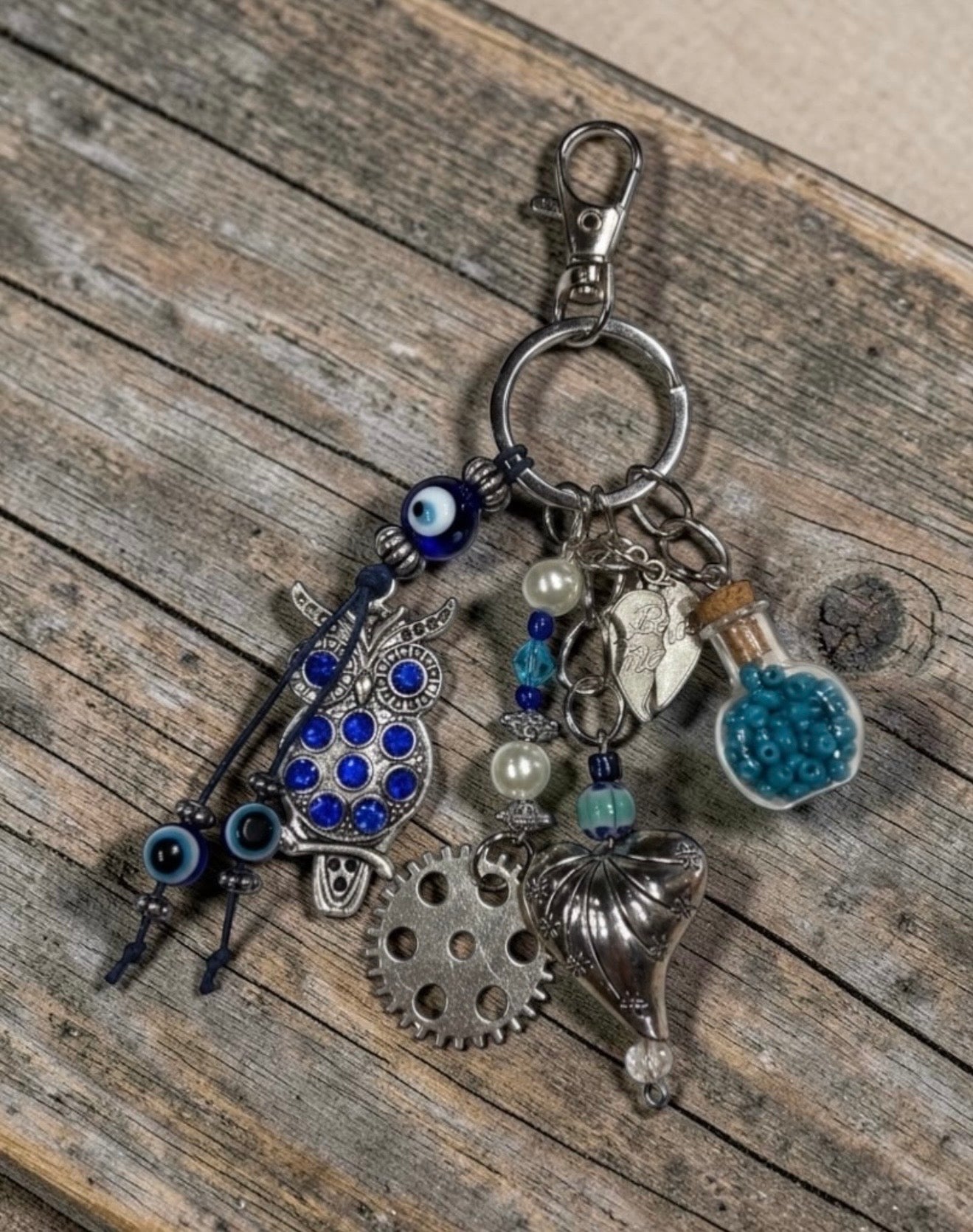 Decorative Owl and Heart Charm Keychain Accessory
