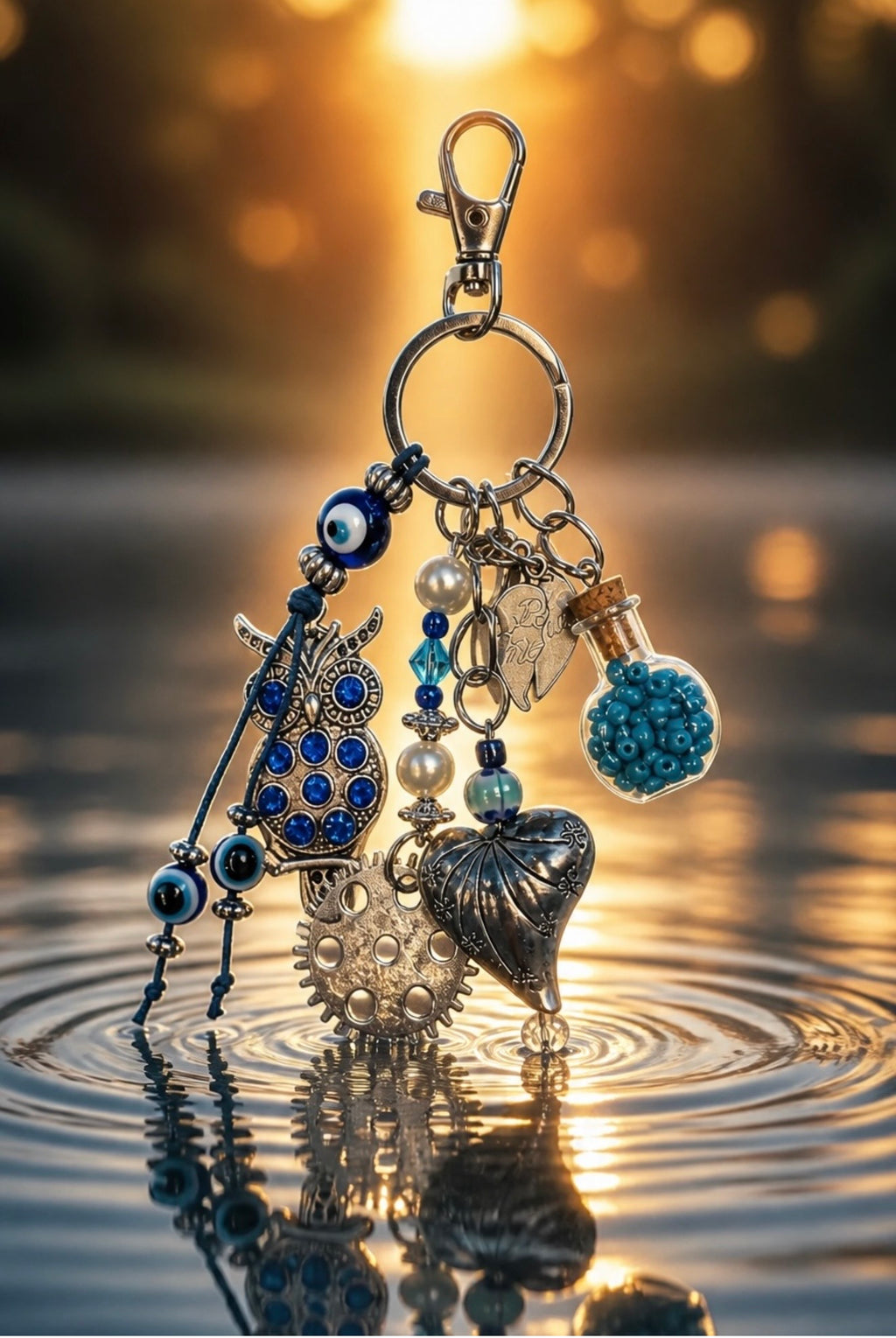 Decorative Owl and Heart Charm Keychain Accessory