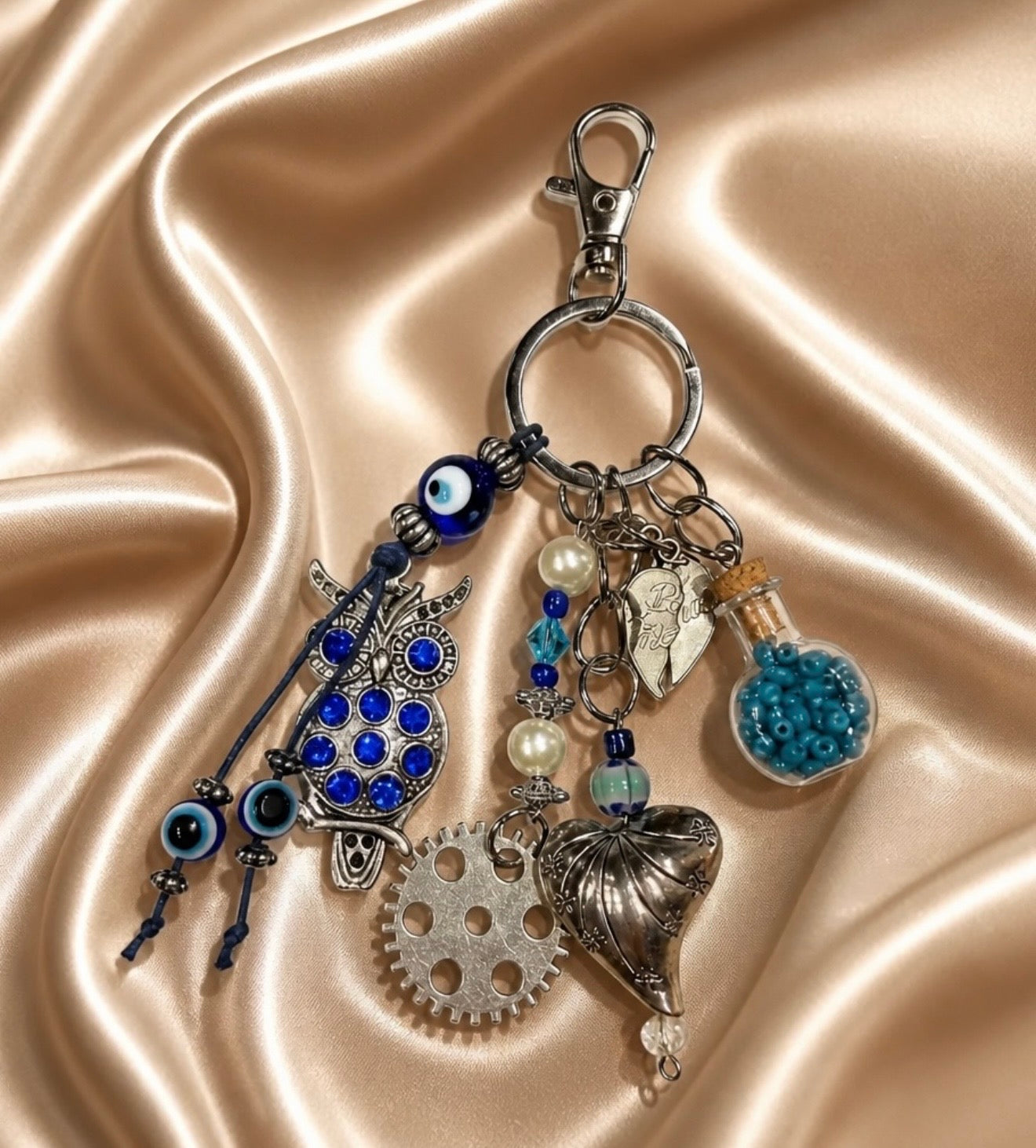 Decorative Owl and Heart Charm Keychain Accessory