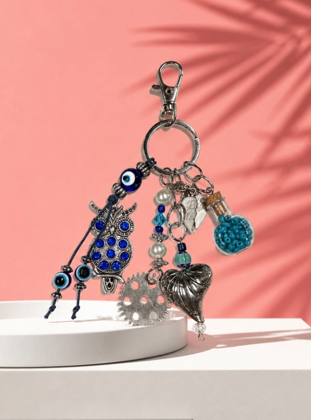 Decorative Owl and Heart Charm Keychain Accessory