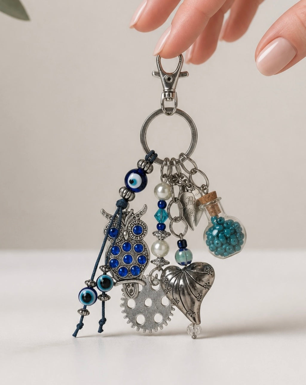 Decorative Owl and Heart Charm Keychain Accessory