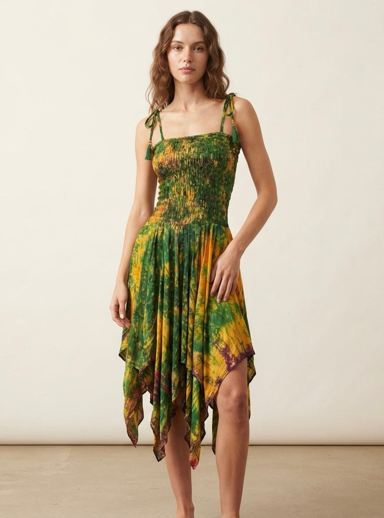 Bohemian Dress,  Tie Dye Vintage Sari Silk Bohemian Boho Chic Festival Ethnic Hippie Summer dress, Gypsy Dress, Fairy Beach Boho Dress,