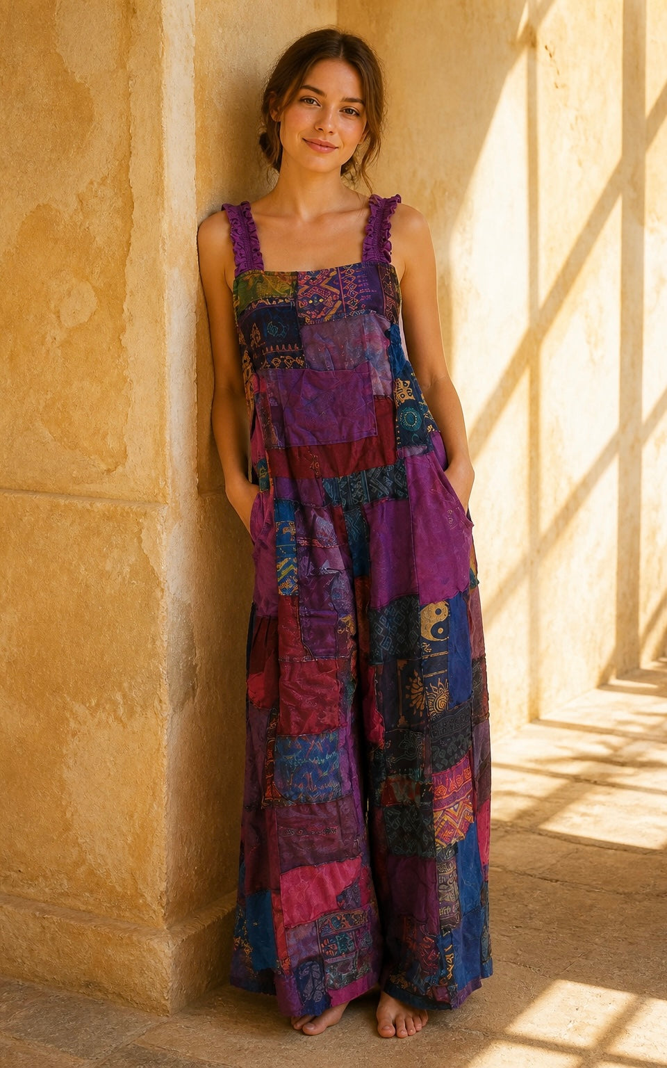 Bohemian Cotton Patchwork Style Overalls Jumpsuits Wide legs One size (Copy)
