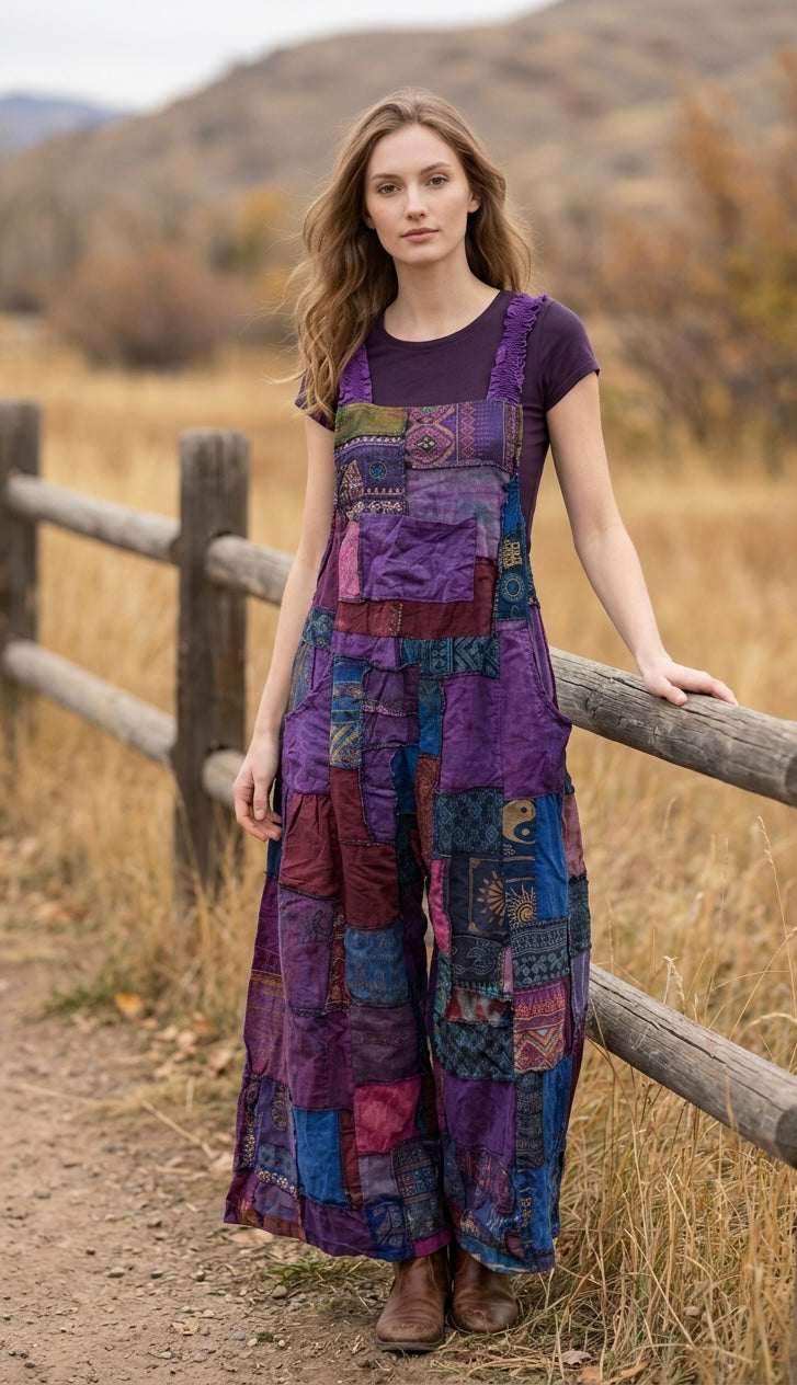 Bohemian Cotton Patchwork Style Overalls Jumpsuits Wide legs One size (Copy)