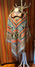 Unisex Patterned Hooded Poncho With Fringe in the front