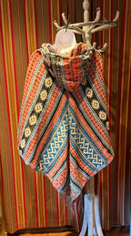 Unisex Patterned Hooded Poncho With Fringe in the front