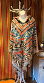 Unisex Patterned Hooded Poncho With Fringe in the front