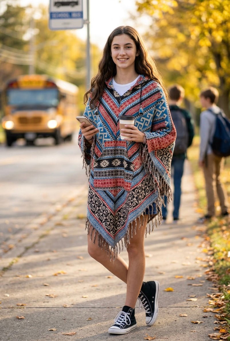Unisex Patterned Hooded Poncho With Fringe in the front