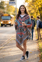Unisex Patterned Hooded Poncho With Fringe in the front