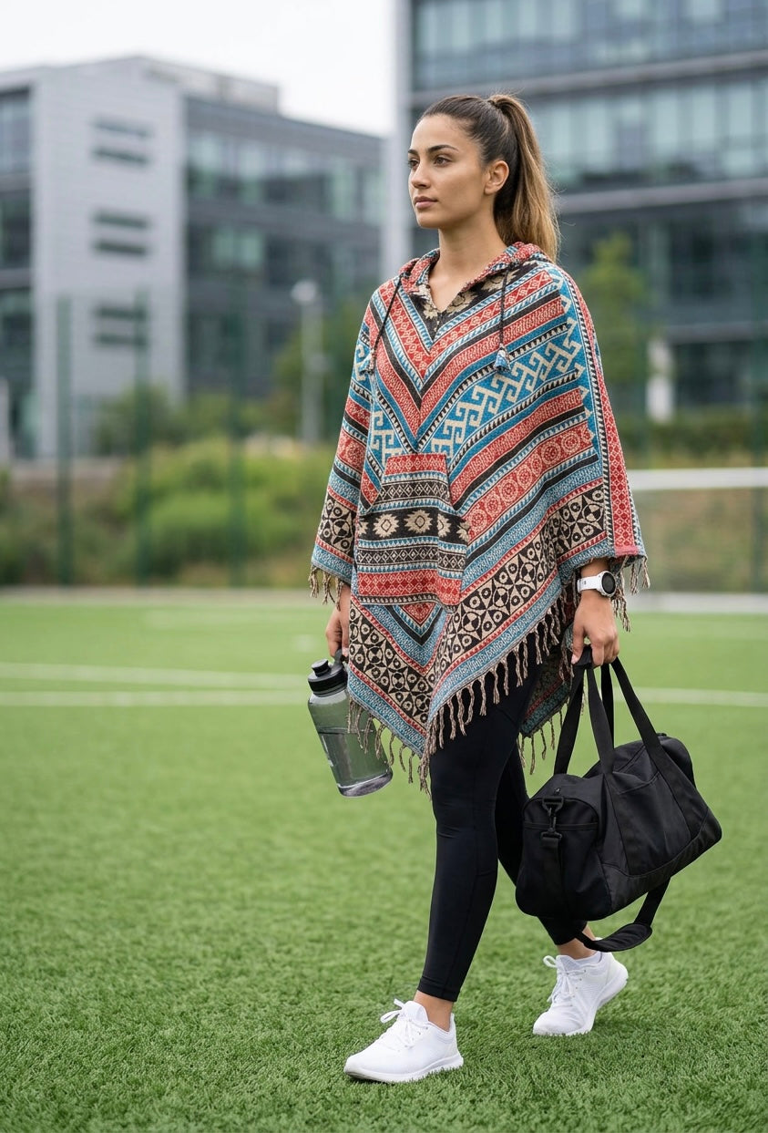 Unisex Patterned Hooded Poncho With Fringe in the front