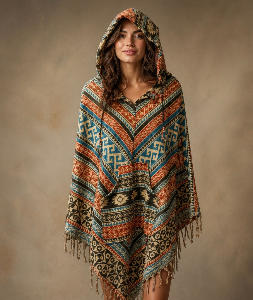 Unisex Patterned Hooded Poncho With Fringe in the front