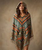 Unisex Patterned Hooded Poncho With Fringe in the front