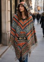 Unisex Patterned Hooded Poncho With Fringe in the front