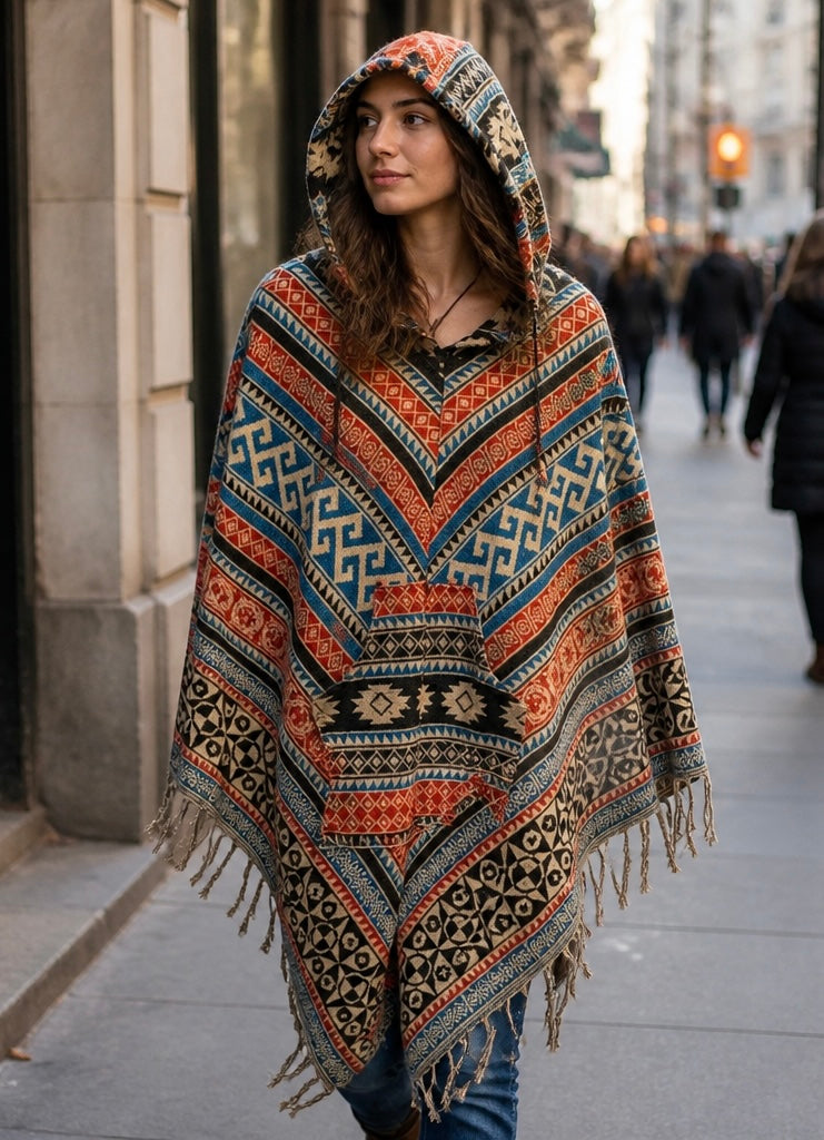 Unisex Patterned Hooded Poncho With Fringe in the front