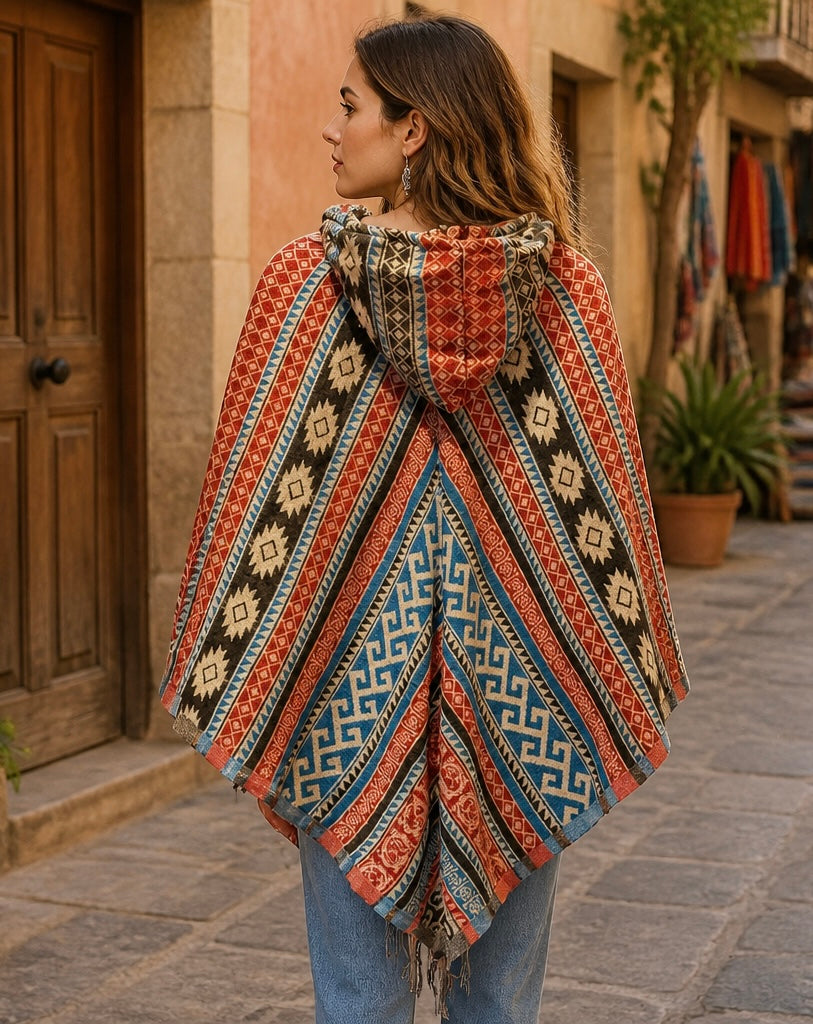 Unisex Patterned Hooded Poncho With Fringe in the front