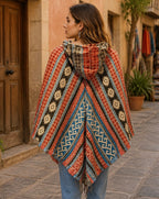 Unisex Patterned Hooded Poncho With Fringe in the front