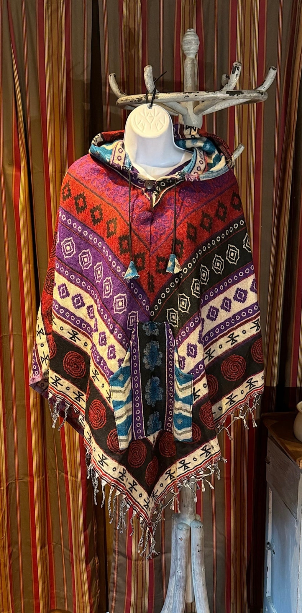 Festival Hooded Poncho: Unisex Boho Woven Wool Blend