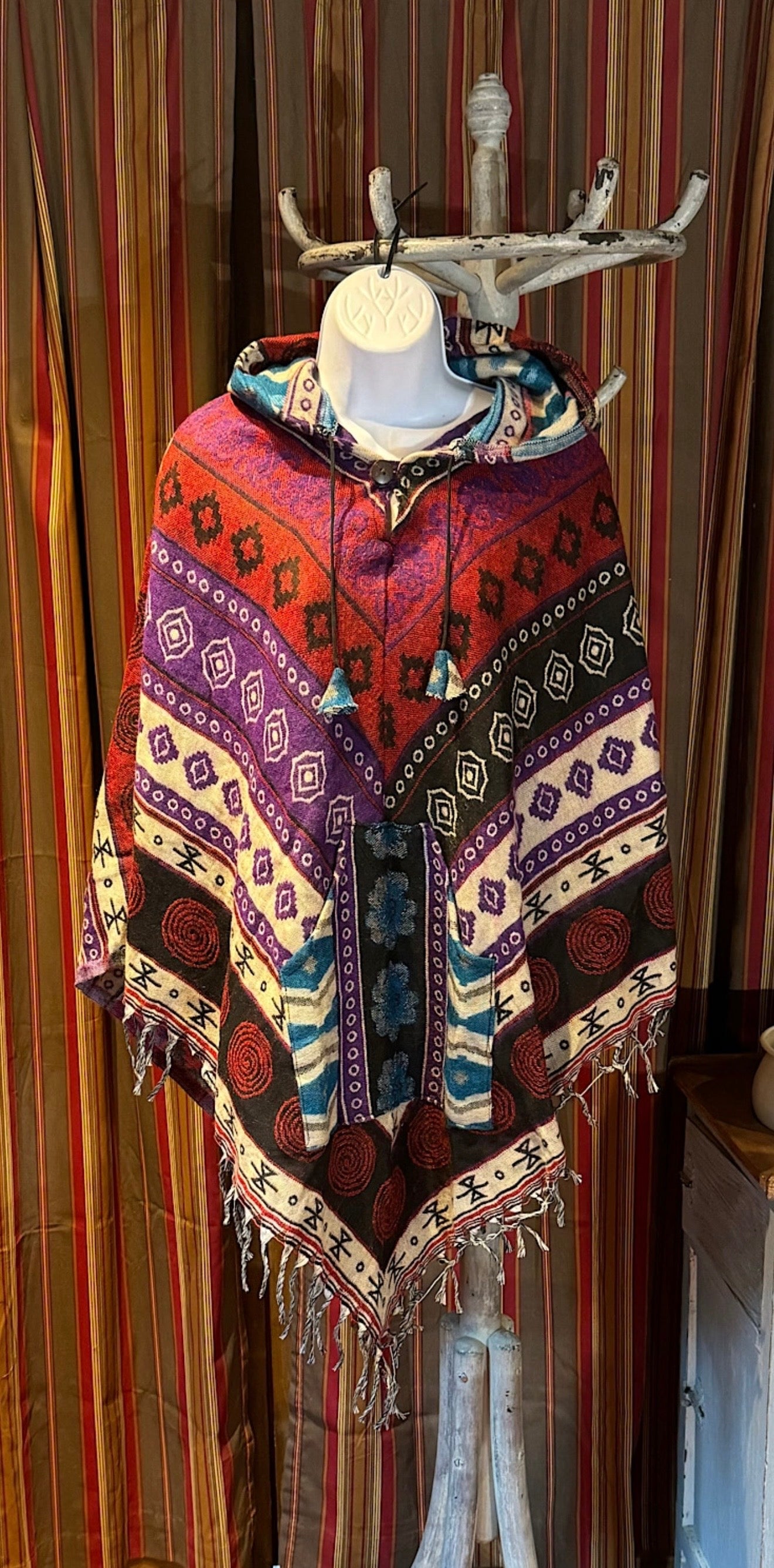 Festival Hooded Poncho: Unisex Boho Woven Wool Blend