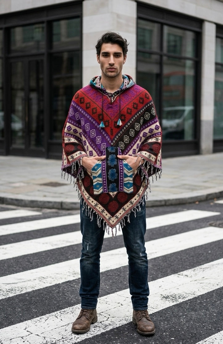 Festival Hooded Poncho: Unisex Boho Woven Wool Blend