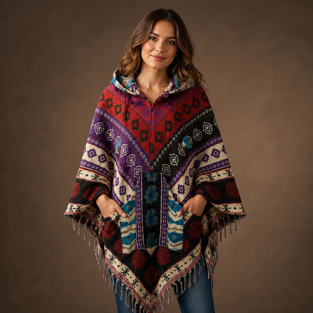 Festival Hooded Poncho: Unisex Boho Woven Wool Blend