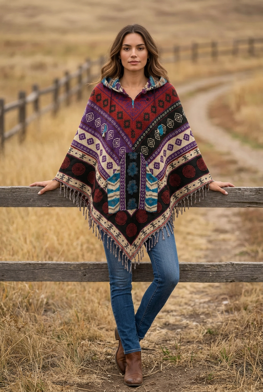 Festival Hooded Poncho: Unisex Boho Woven Wool Blend