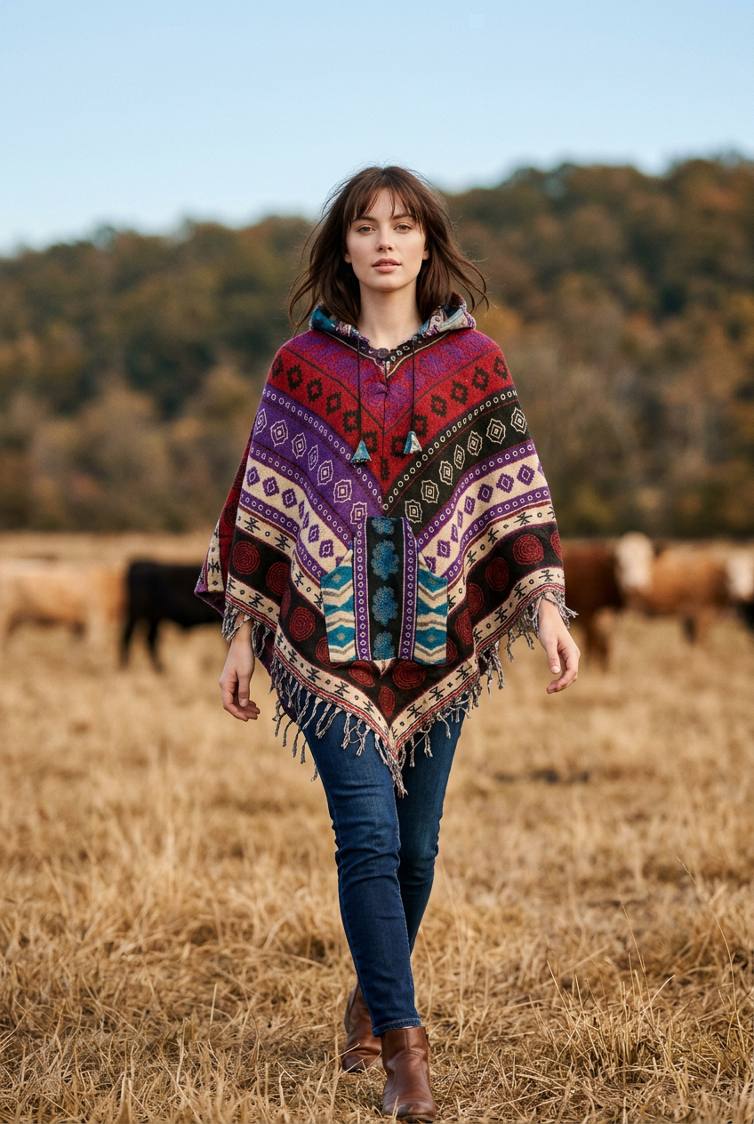 Festival Hooded Poncho: Unisex Boho Woven Wool Blend