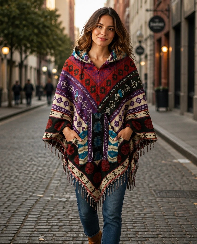 Festival Hooded Poncho: Unisex Boho Woven Wool Blend