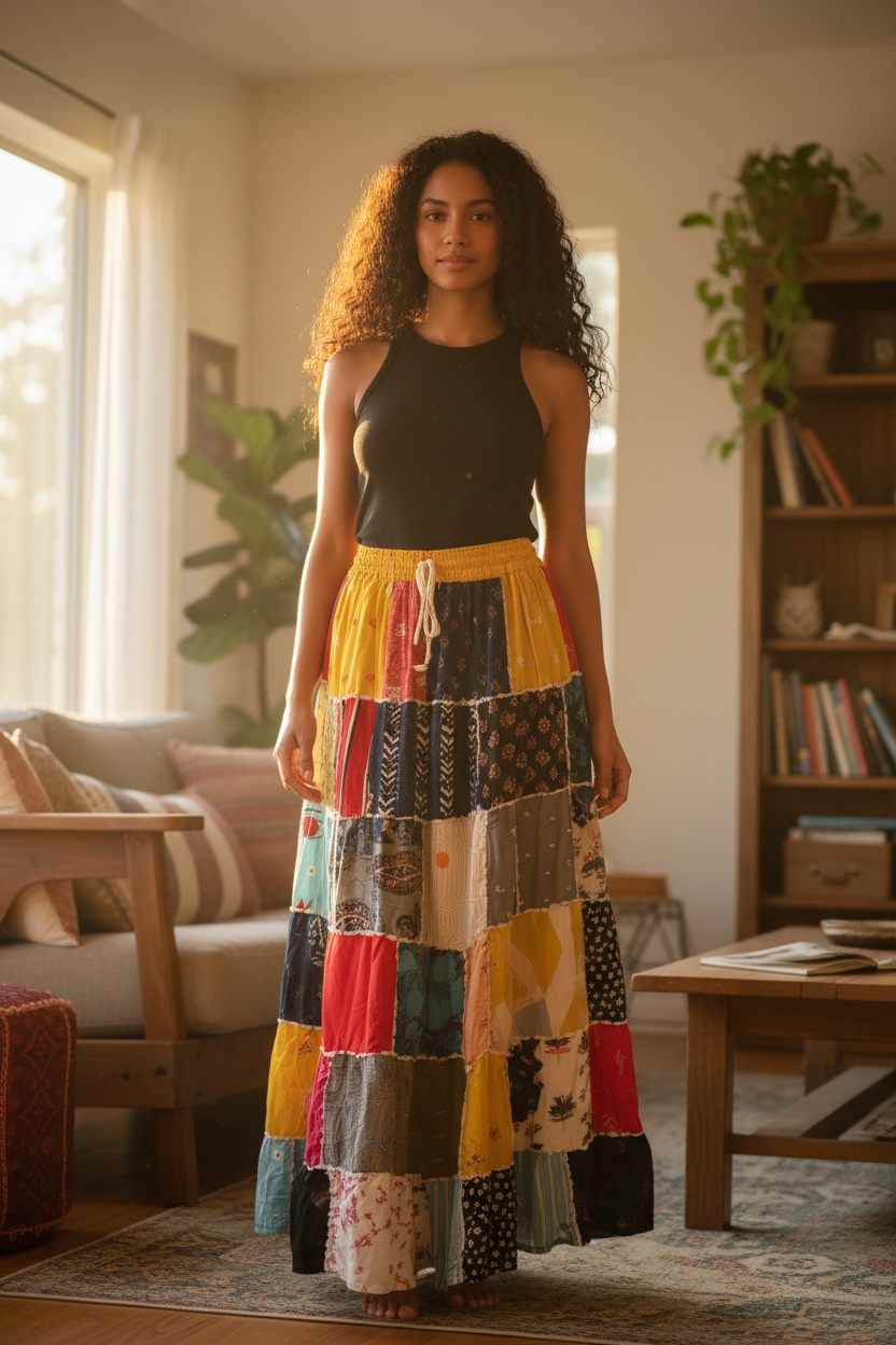 Boho long Skirt, Patchwork Long Maxi Skirt, Bohemian Boho Chic Festival Skirt, Ethnic Hippie Summer One Size Feminine Long Skirt, Boho SkIrt