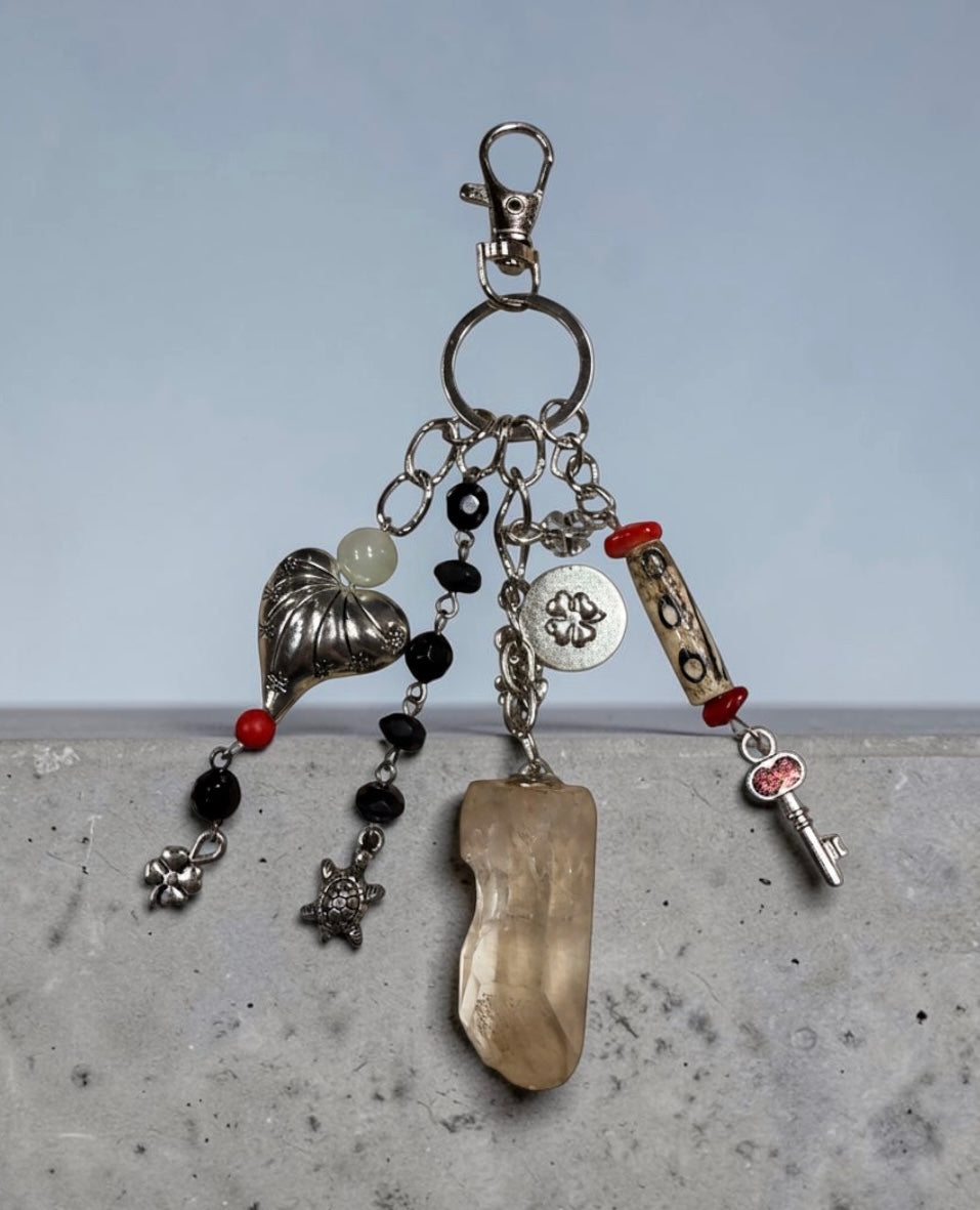 Quartz Crystal and Turtle Bag Charm - Beachy Coastal Keychain - Tropical Travel Purse Keyring - Vintage Jewelry Eclectic Gift for Her