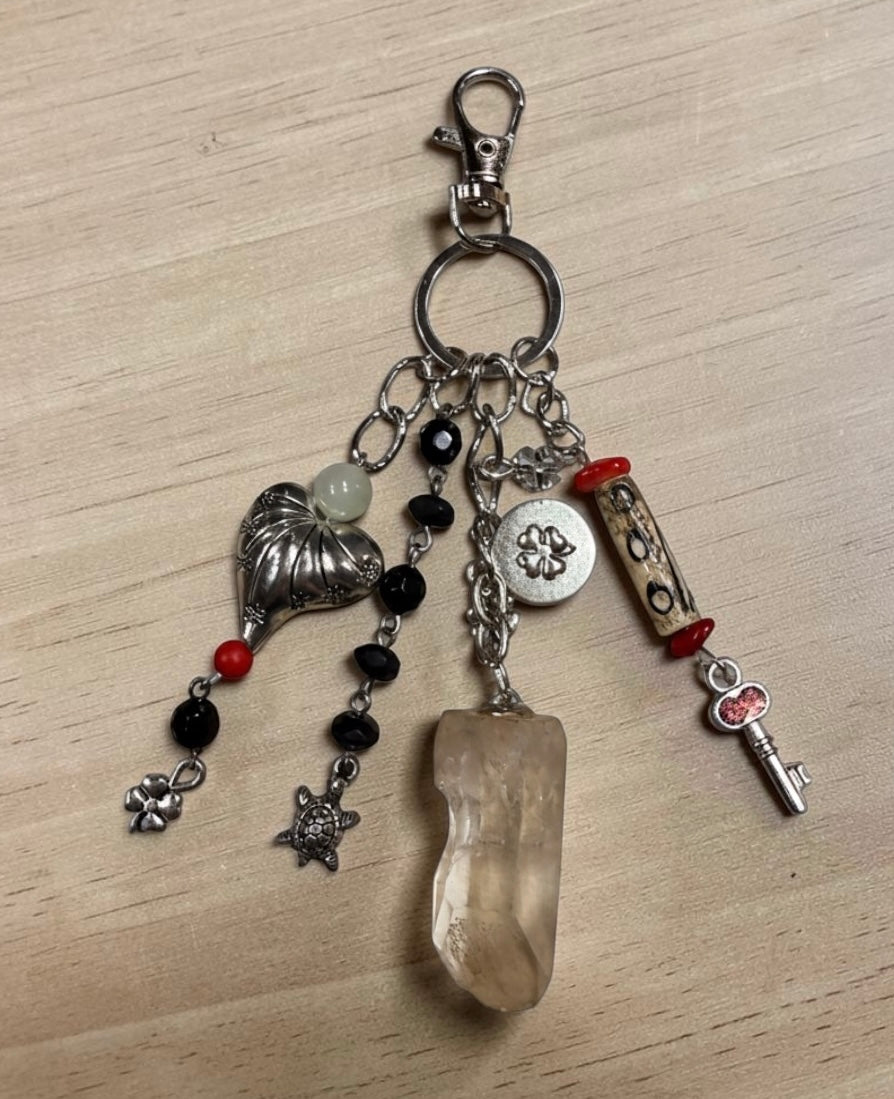 Quartz Crystal and Turtle Bag Charm - Beachy Coastal Keychain - Tropical Travel Purse Keyring - Vintage Jewelry Eclectic Gift for Her