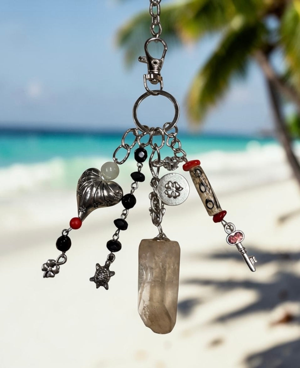 Quartz Crystal and Turtle Bag Charm - Beachy Coastal Keychain - Tropical Travel Purse Keyring - Vintage Jewelry Eclectic Gift for Her